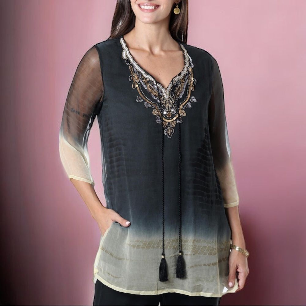 NOVICA Tie-Dye Beaded Viscose Tunic Top S